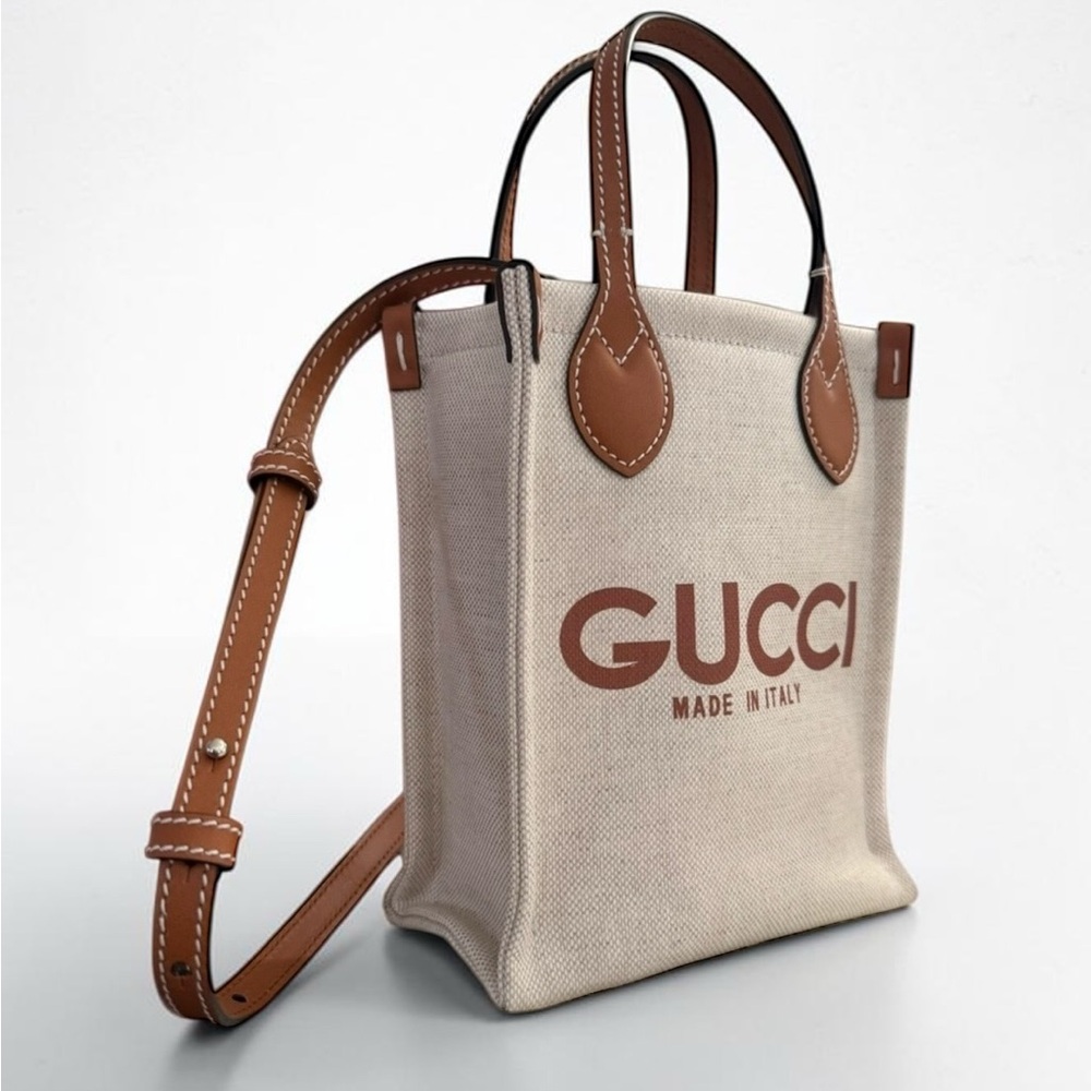 Gucci Mini Canvas Tote Bag Brown Leather Logo Crossbody NEW Full Set - Picture 2 of 8